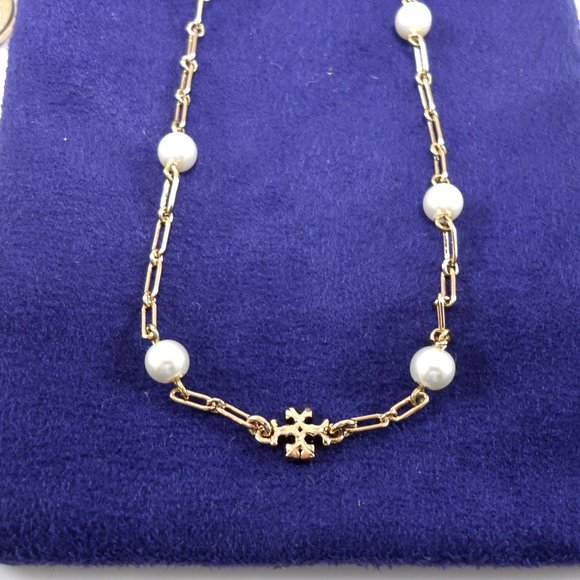 NWT Tory Burch Thin Roxanne Imitation Pearl Detailed 18K-plated Chain Necklace - Picture 6 of 11
